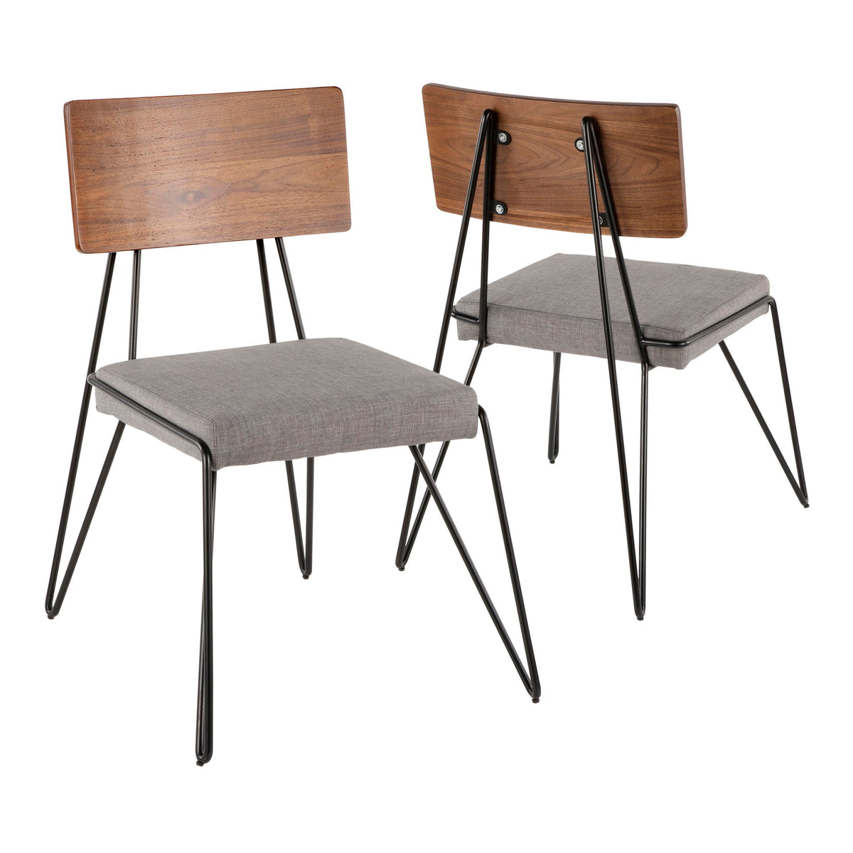 Mid-Century Modern chair set with hairpin legs; walnut back, gray cushioned seats (2 chairs) on Tampa Home & Garden Store