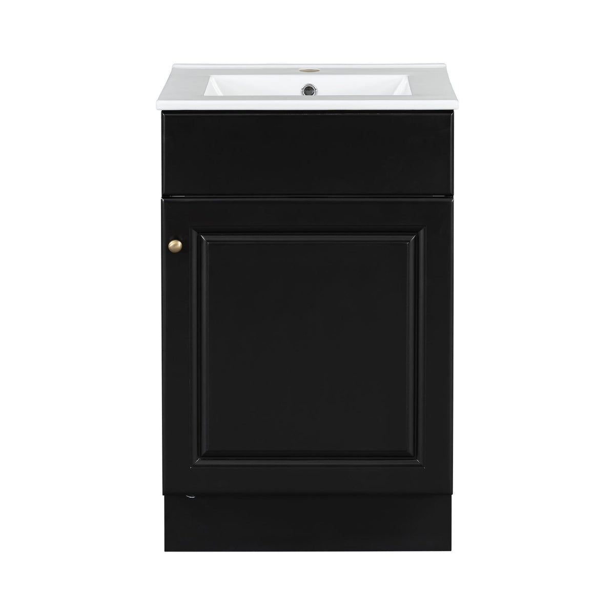 Bathroom vanity with sink in black finish, white top, brass knob on Tampa Home & Garden Store