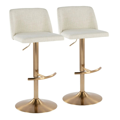 Toriano contemporary adjustable barstools set of 2 with cream upholstery and brass bases on Tampa Home & Garden Store