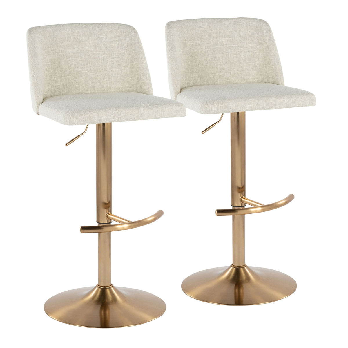 Pair of contemporary adjustable swivel barstools with pearl-silver upholstery and gold pedestals on Tampa Home & Garden Store