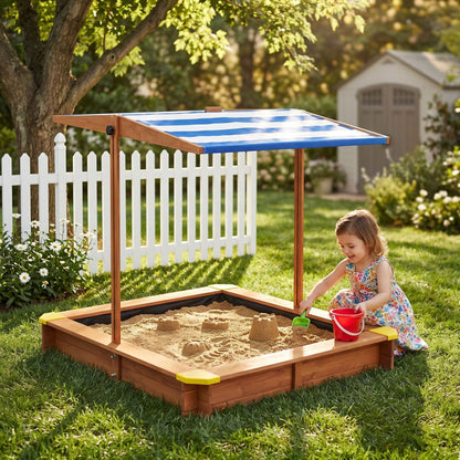 Large Outdoor Wooden Sandbox With Canopy