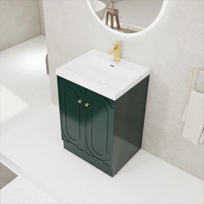 Freestanding bath vanity with resin sink and gold faucet, dark green doors, HouseOfZazla on Tampa Home & Garden Store