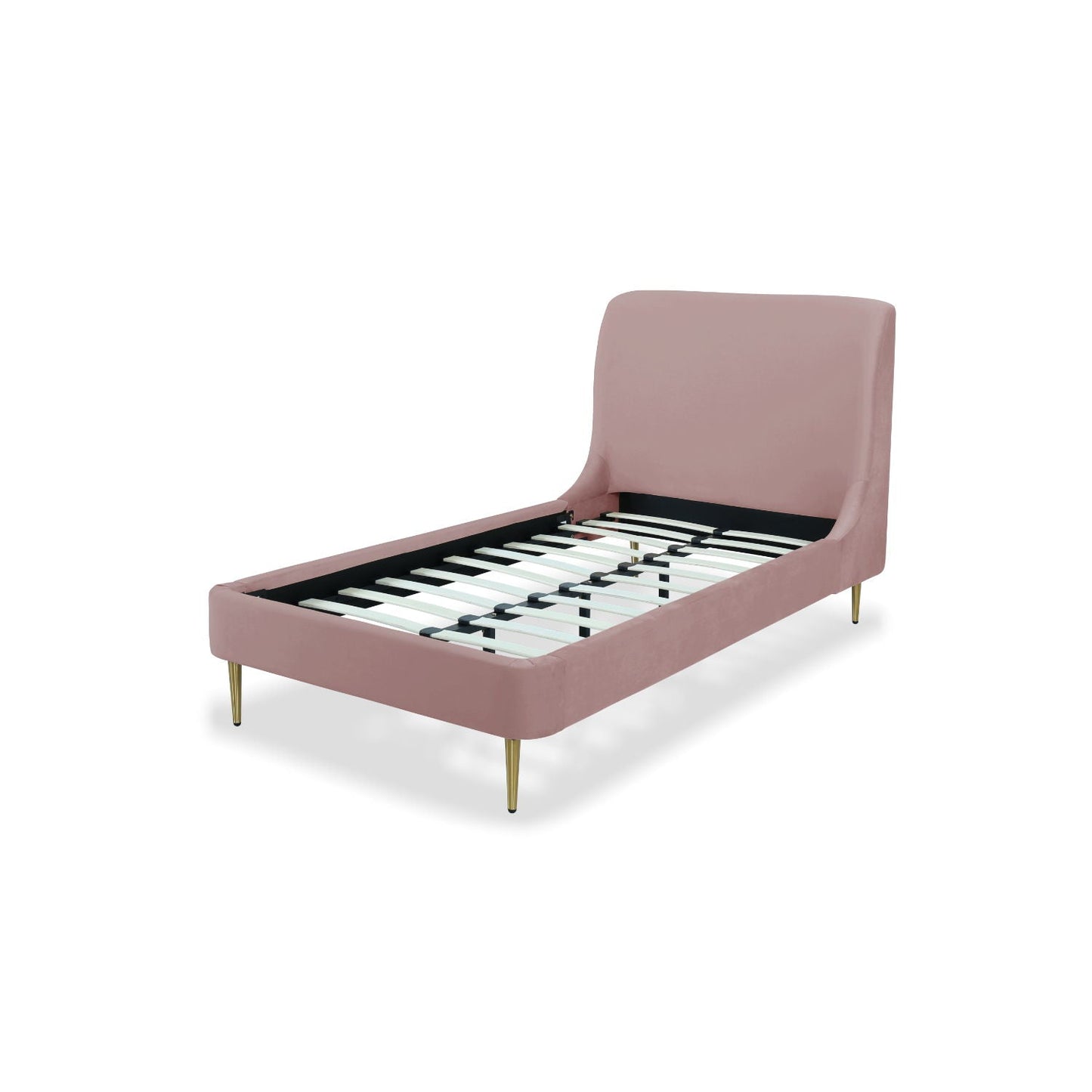 Mid-Century modern pink velvet upholstered bed with curved headboard and gold tapered legs on Tampa Home & Garden Store