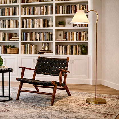 Majestic ring-base curved floor lamp with triangle drum shade gold/white on Tampa Home & Garden Store