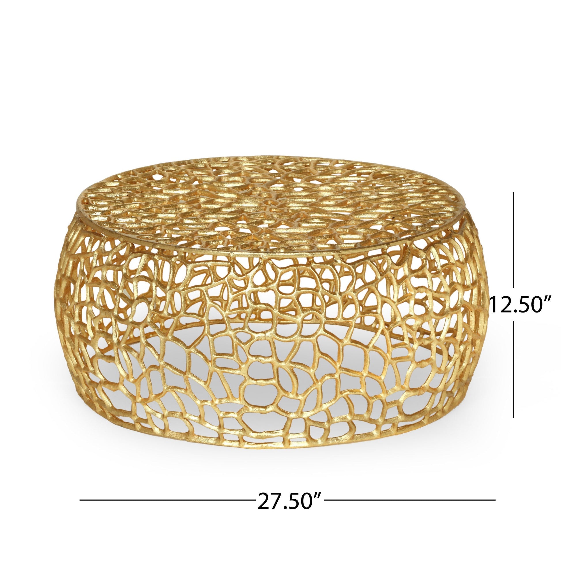 Modern Glam Mesh Coffee Table by HouseOfZazla, round gold aluminum lattice design on Tampa Home & Garden Store
