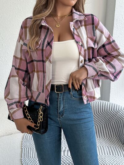 Stevvex pink plaid long-sleeve jacket over white top, jeans, black chain-strap bag on Tampa Home & Garden Store
