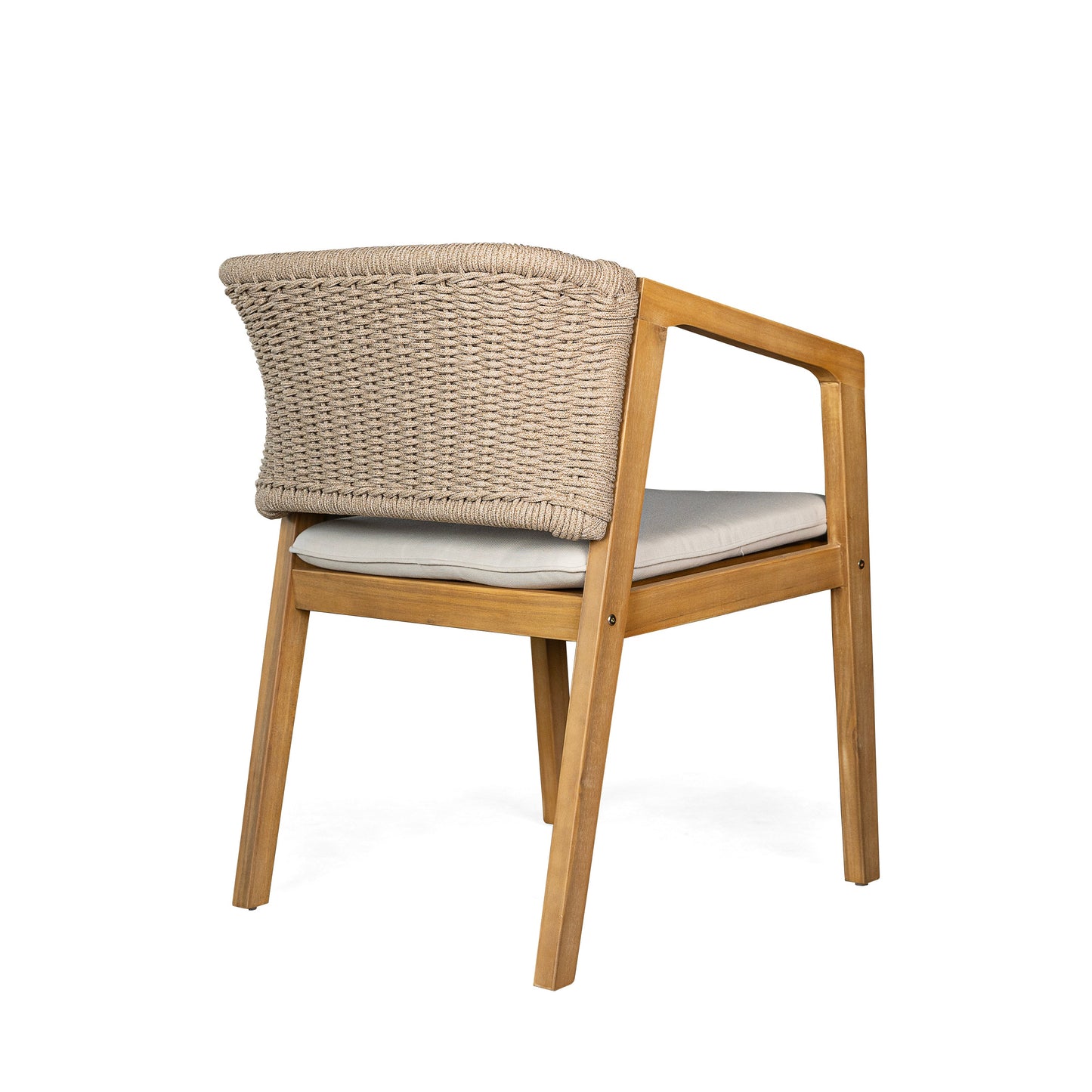 Acacia wood rope chair with woven back and gray cushion by HouseOfZazla on Tampa Home & Garden Store