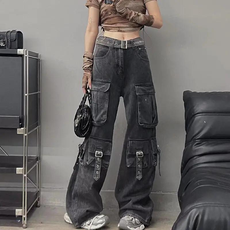 Autumn Vintage Street Multi cargo Workwear Jeans FLIPSTYLEZLLC, washed denim with buckle pockets on Tampa Home & Garden Store
