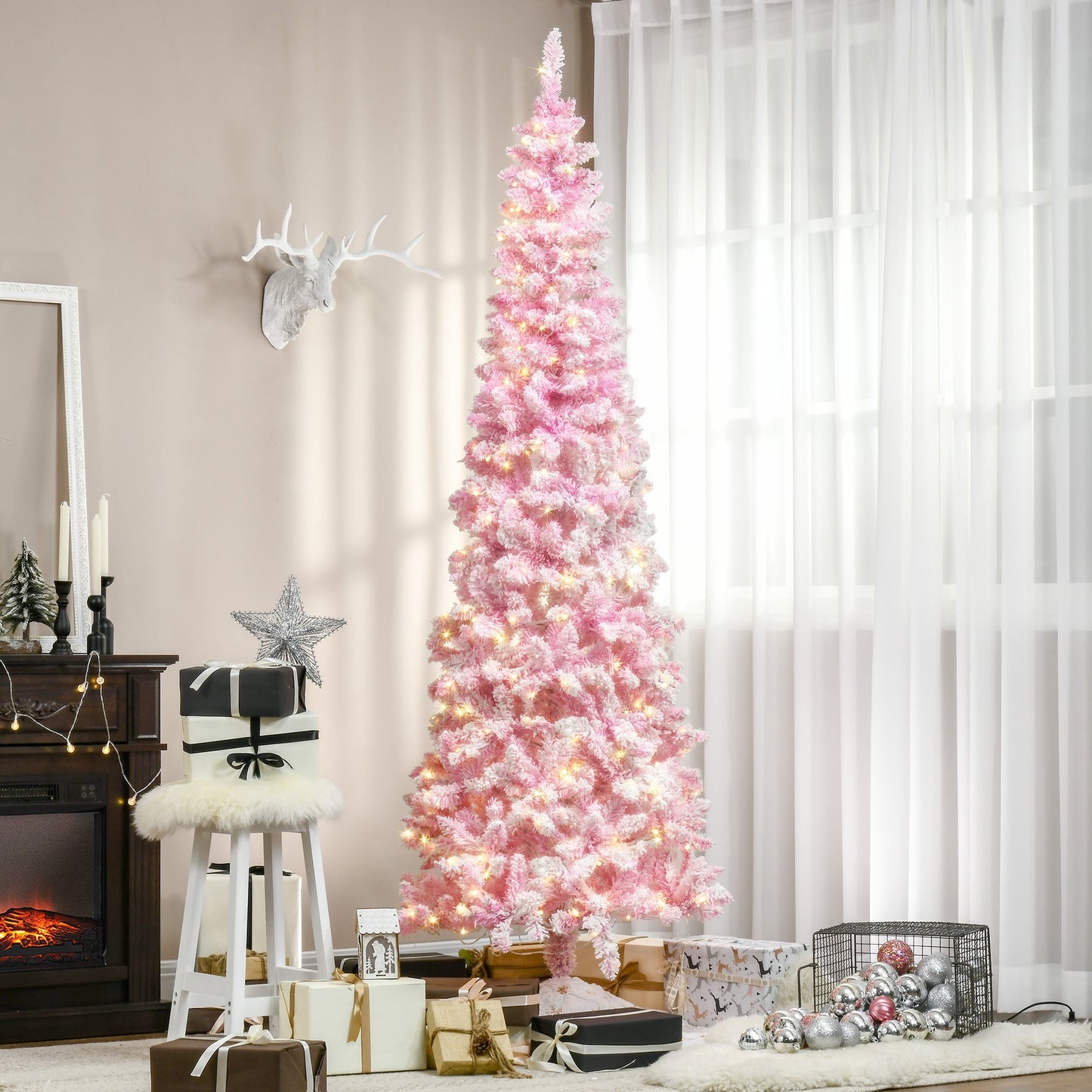 Homcom 7.5ft pink prelit snow flocked artificial Christmas tree with warm lights on Tampa Home & Garden Store