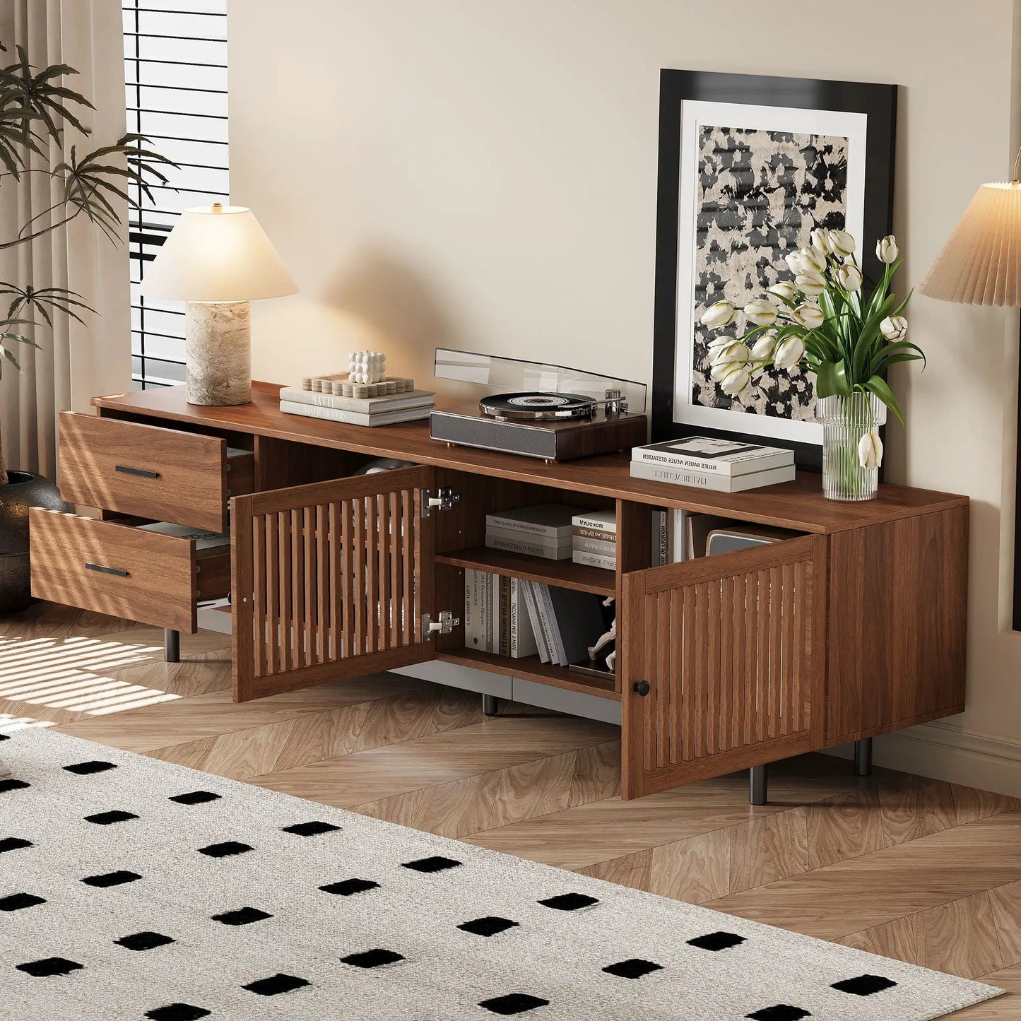 Walnut 78in TV stand for up to 85in TVs with deep drawers and cable management on Tampa Home & Garden Store