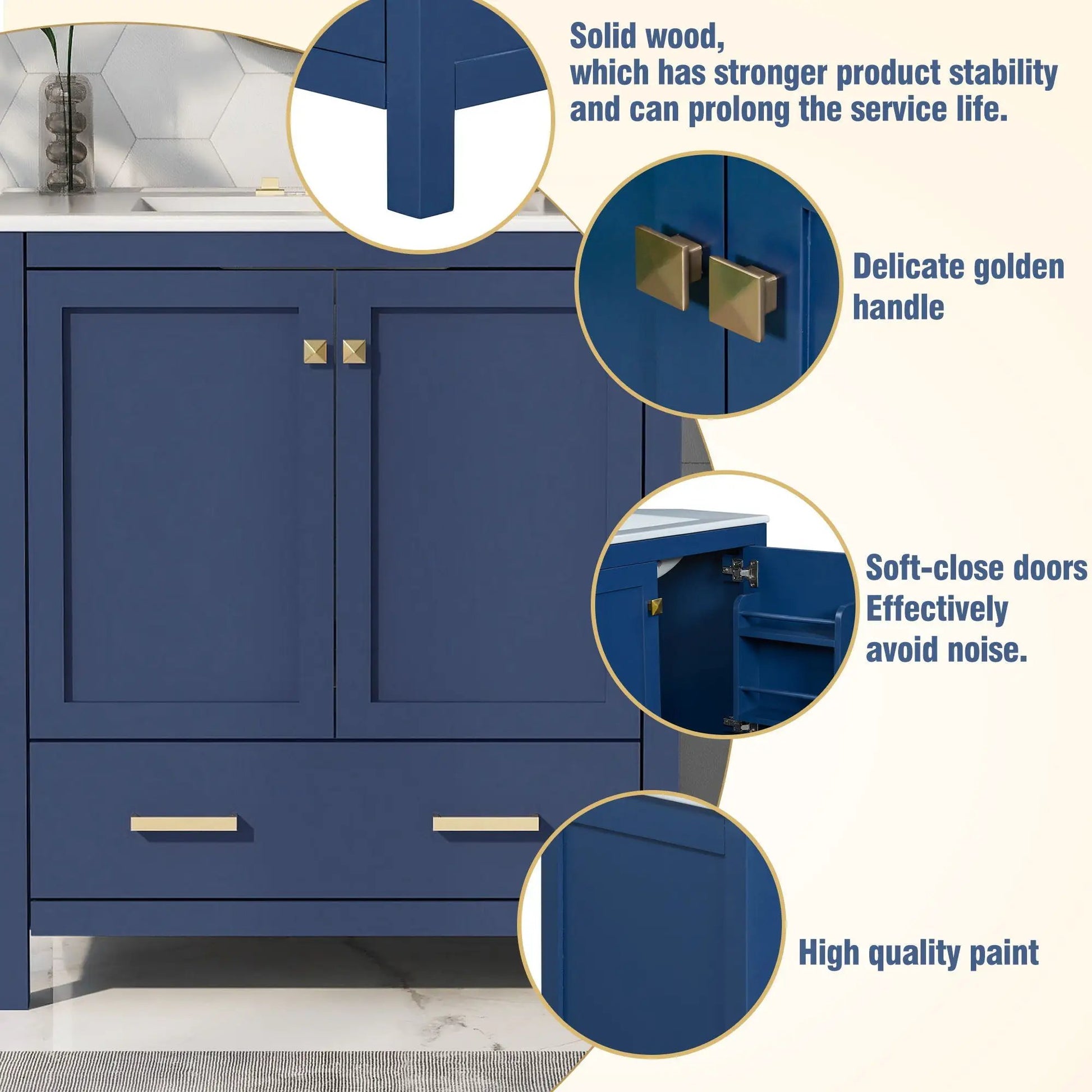 Blue bathroom vanity with single sink, two-door cabinet and drawer, gold hardware on Tampa Home & Garden Store