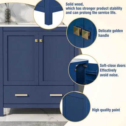Blue bathroom vanity with single sink, two-door cabinet and drawer, gold hardware on Tampa Home & Garden Store