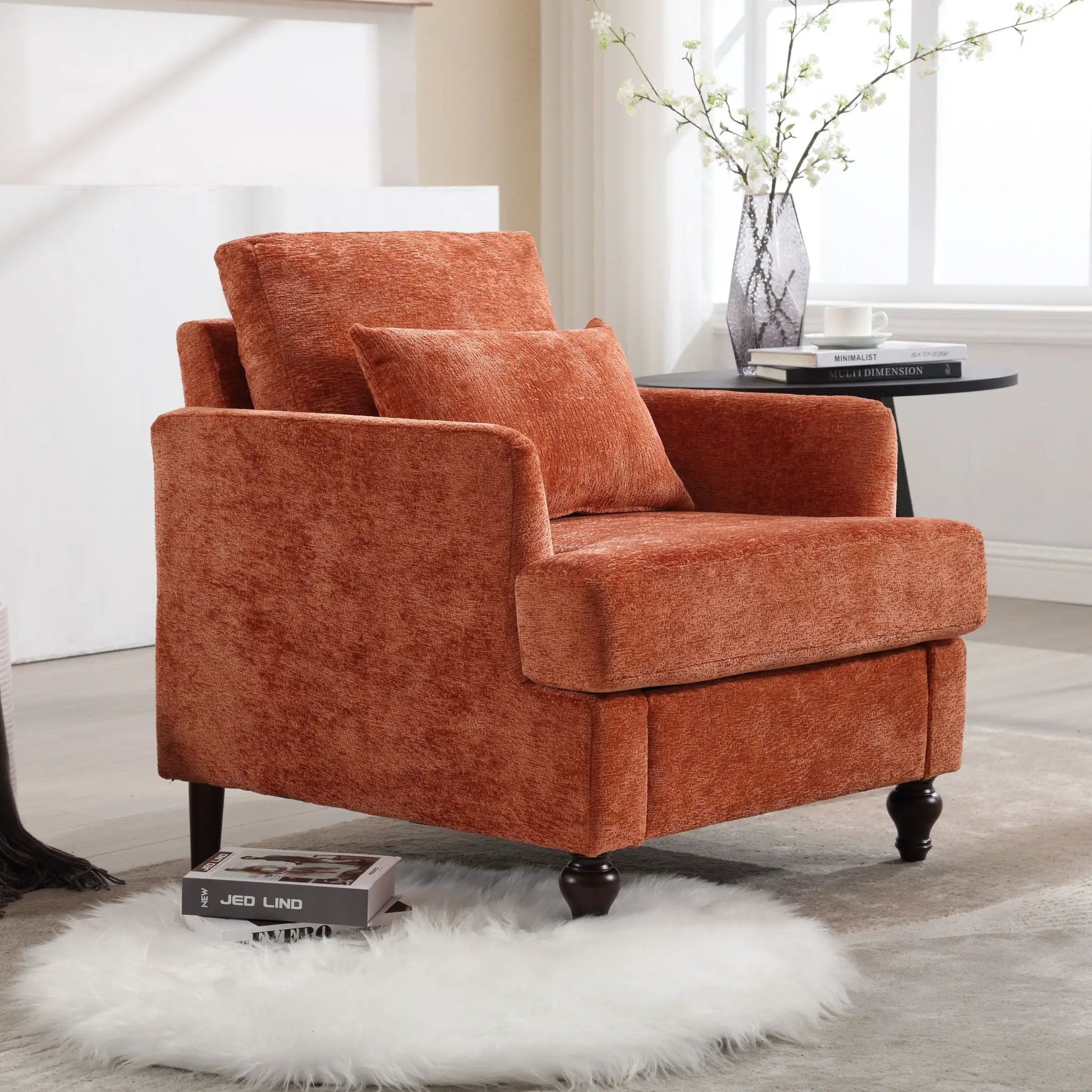 Modern mid-century wood-frame armchair in burnt orange tufted upholstery with dark legs on Tampa Home & Garden Store