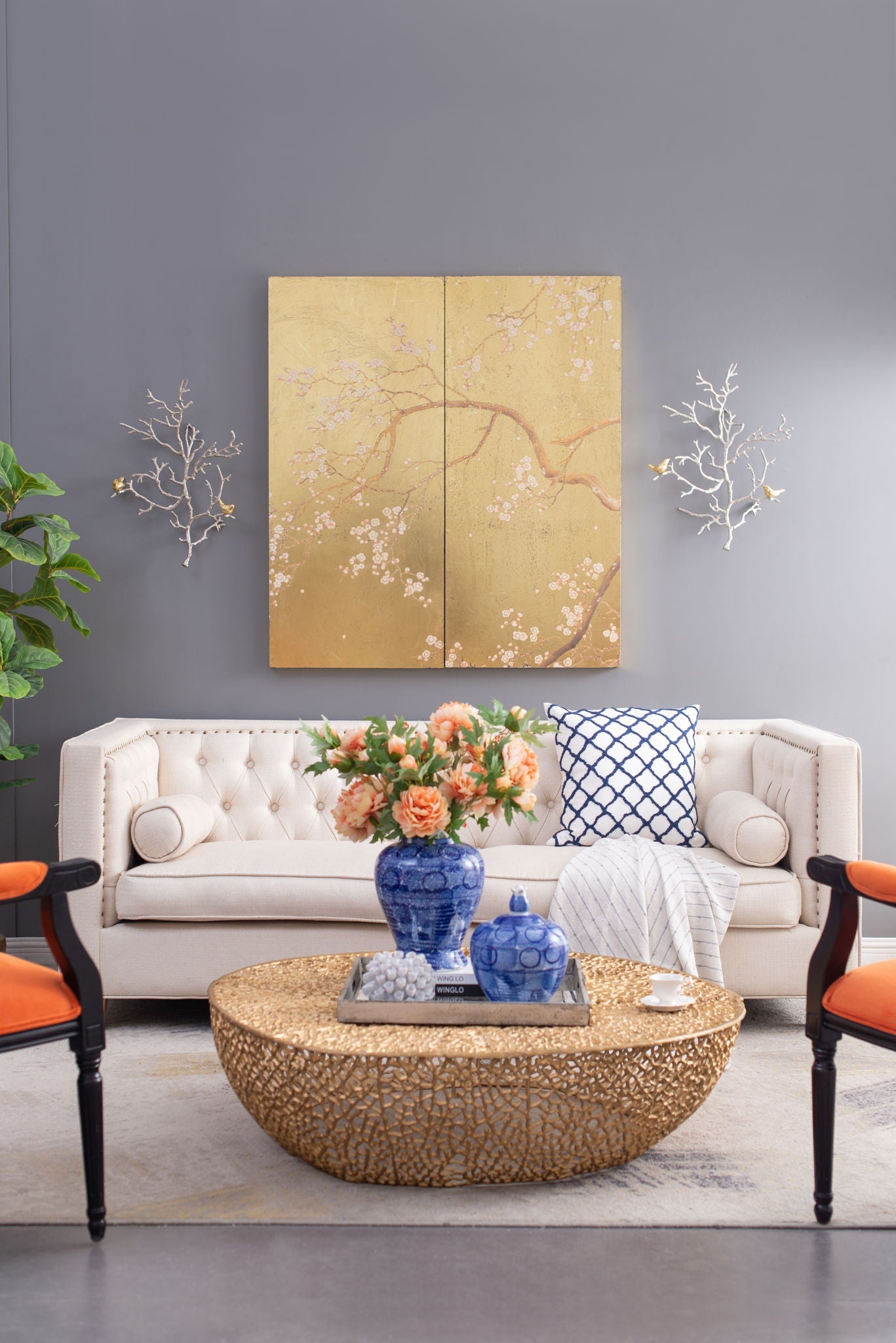 Metal Branch Wall Sculptures With Bird Accents set of 2, silver/white branches with gold birds, wall decor on Tampa Home & Garden Store