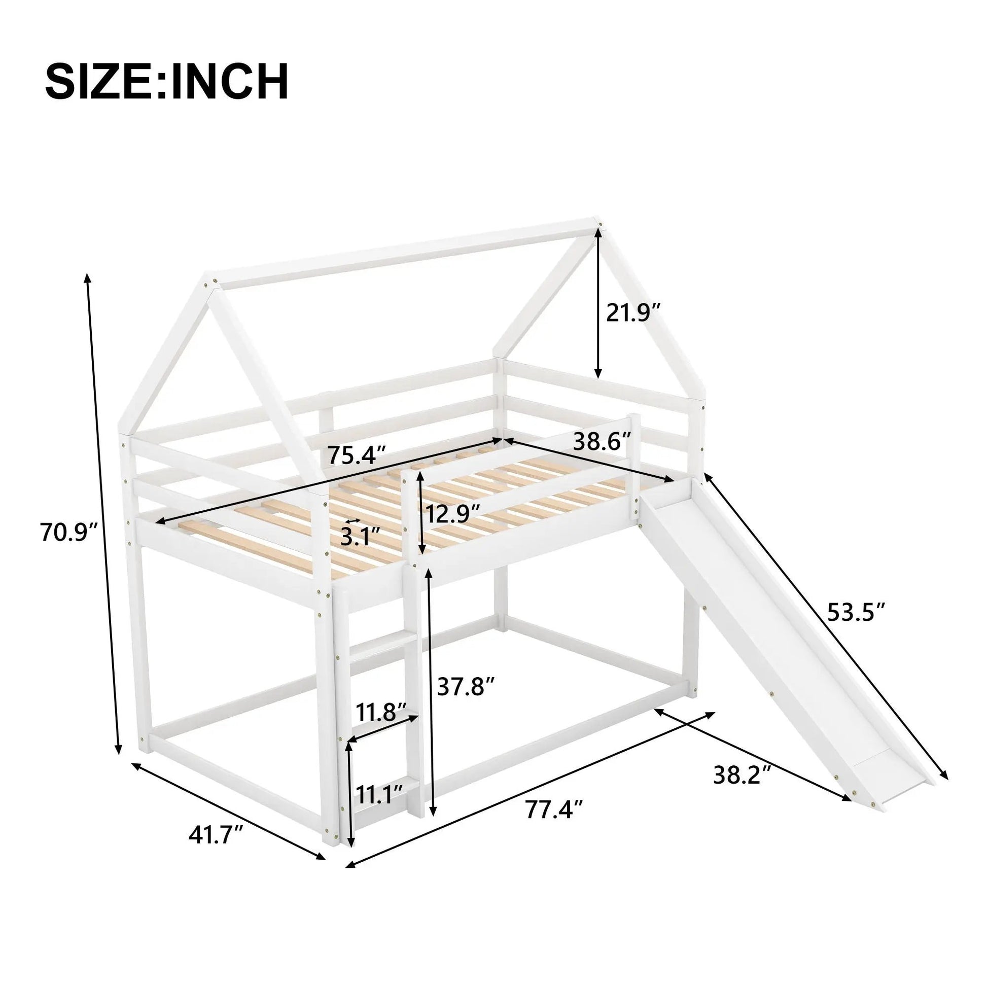 House Shape Bunk Bed With Slide And Ladder, white wood, by Unique Piece Furniture on Tampa Home & Garden Store