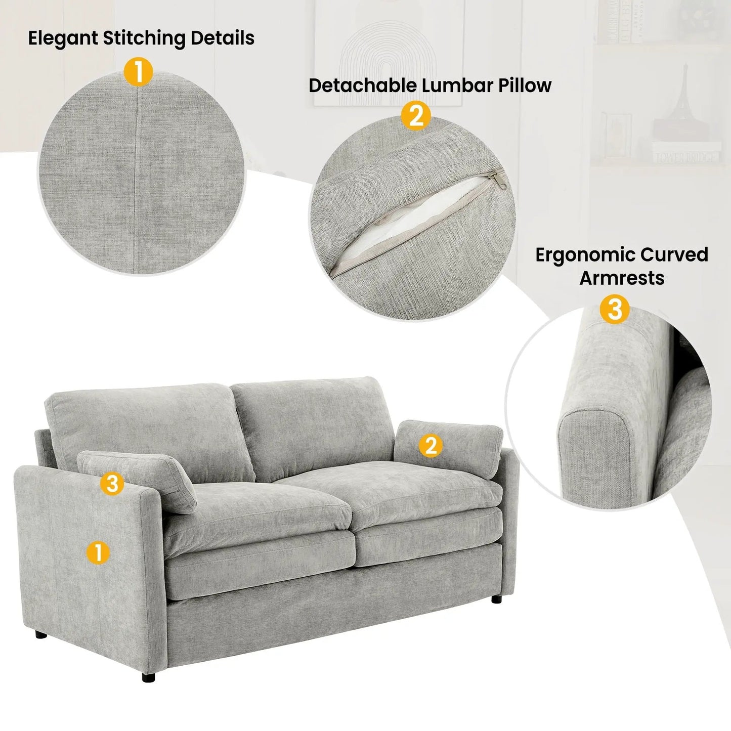 Cloud Sofa Set 3pc living room furniture in grey fabric with ergonomic curved arms on Tampa Home & Garden Store