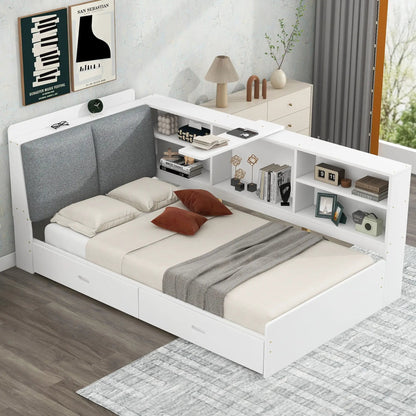Platform bed with storage headboard and shelves, 2 drawers, white frame with grey upholstery on Tampa Home & Garden Store
