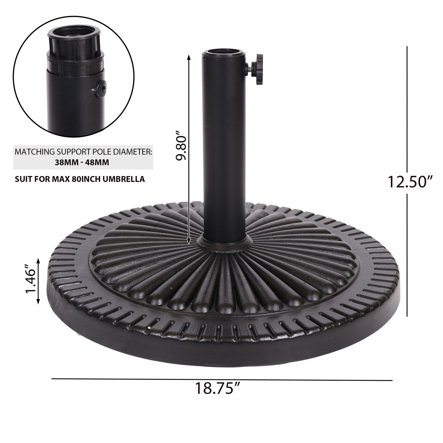 Black Rock resin outdoor umbrella base with steel support in black finish for 38-48mm pole on Tampa Home & Garden Store