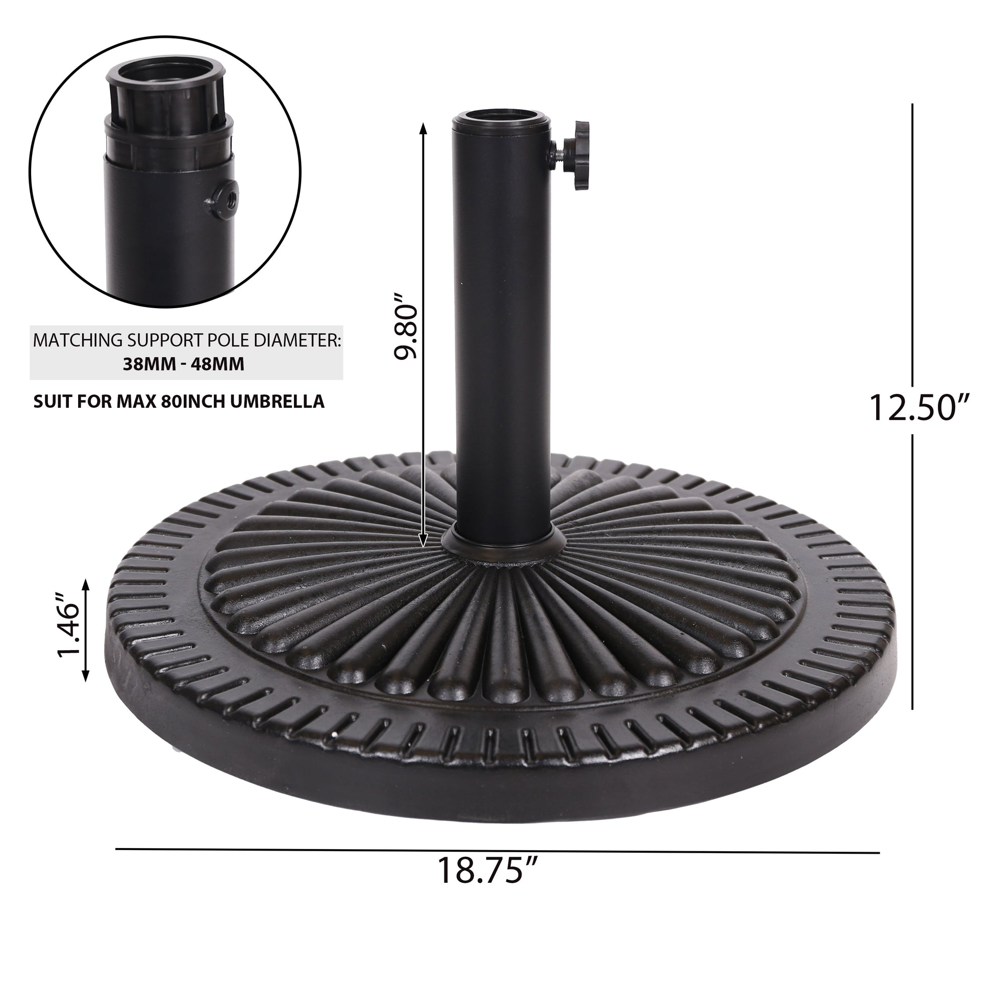 Black Rock resin outdoor umbrella base with steel support in black finish for 38-48mm pole on Tampa Home & Garden Store