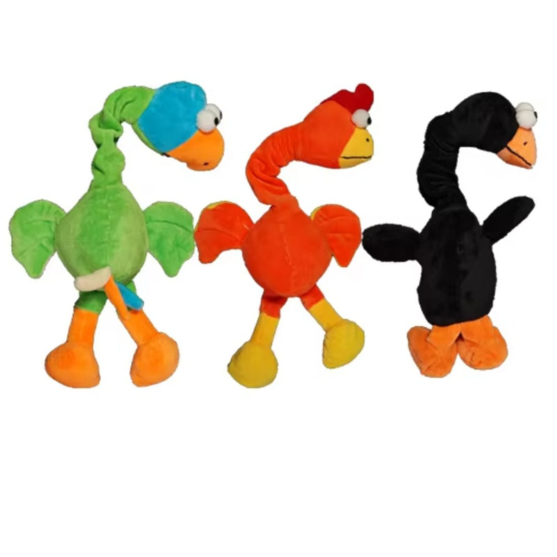 Plush squeaky dog toys screaming chicken set of 3 in green orange black with beaks on Tampa Home & Garden Store