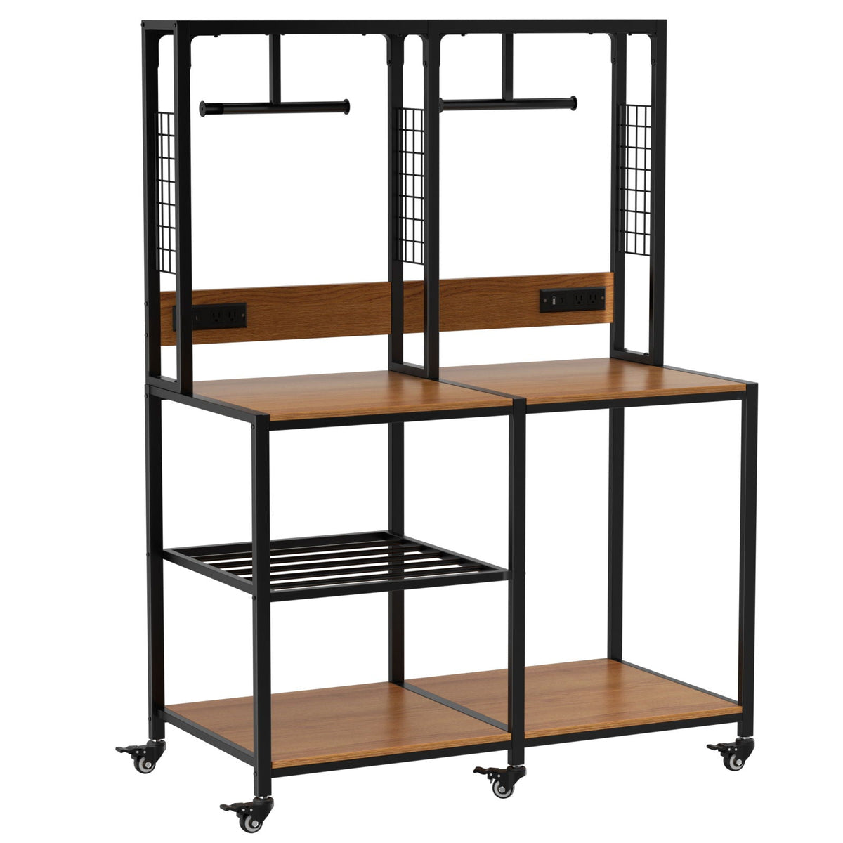 Double 3D printer stand with dual frames, black metal, wood tops, caster wheels, filament storage on Tampa Home & Garden Store