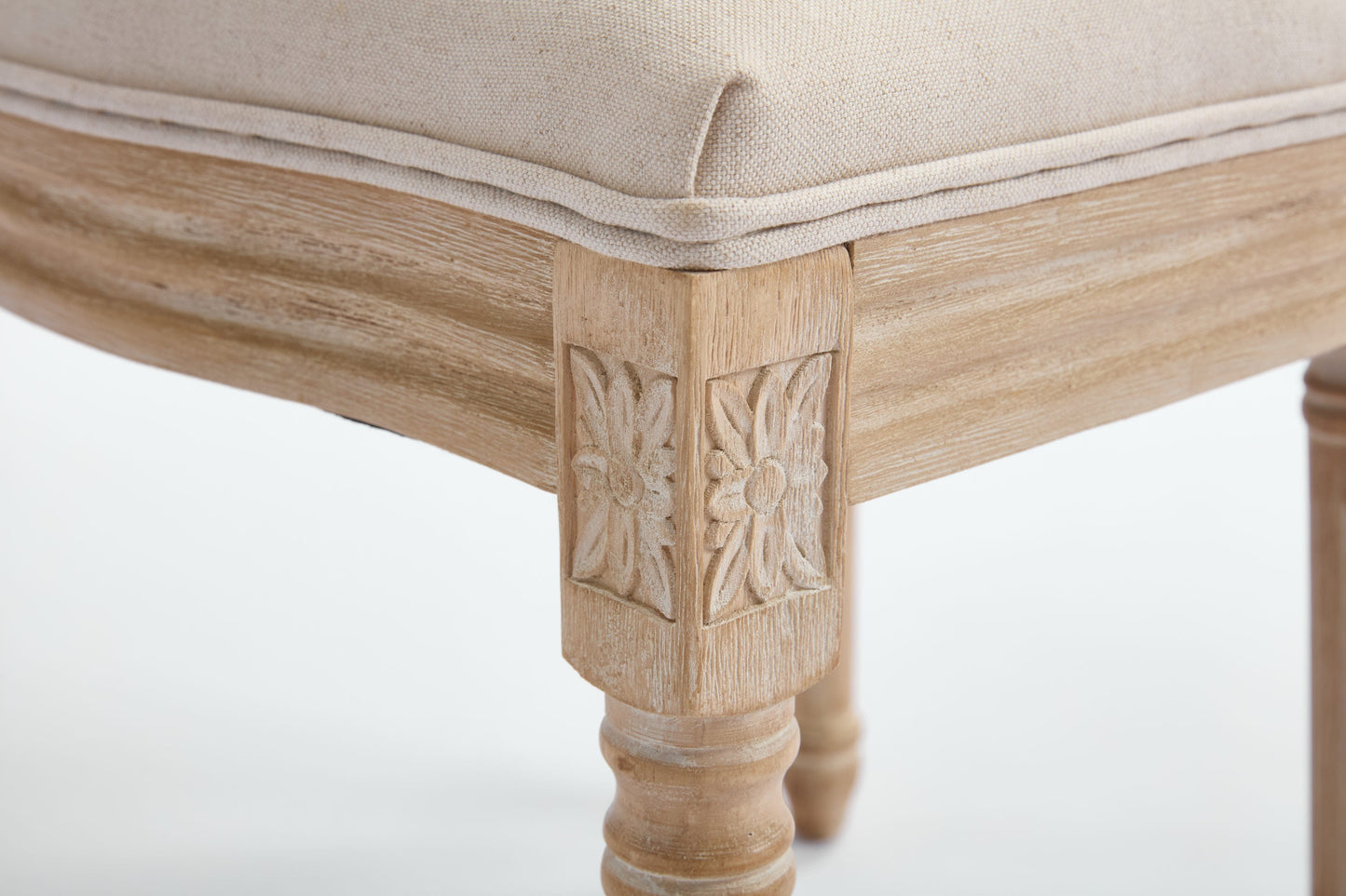 French Country Dining Chairs set of 2, upholstered beige fabric with carved wood legs on Tampa Home & Garden Store
