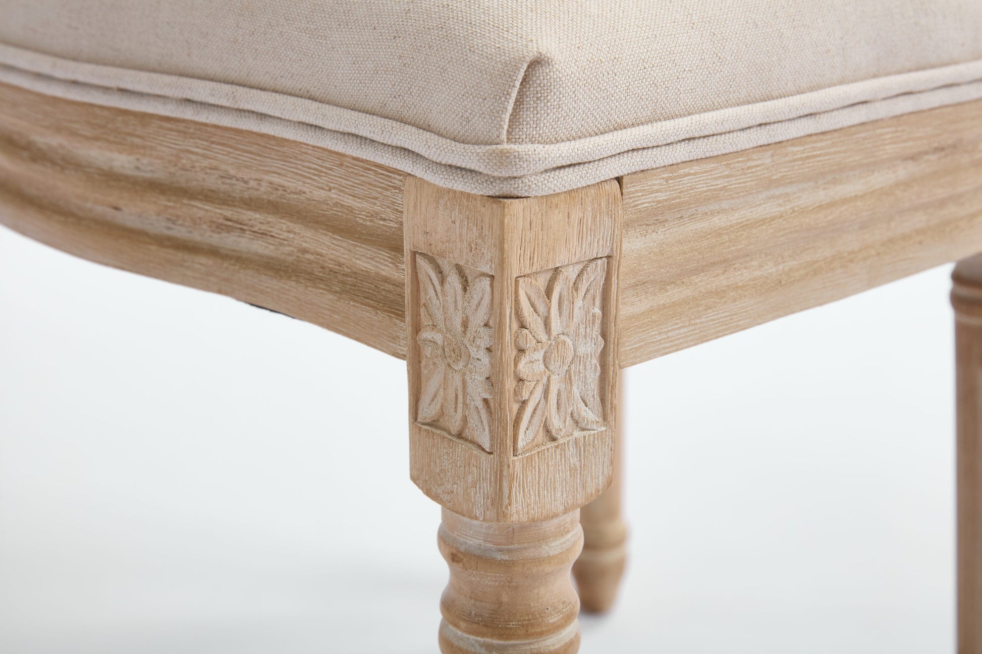 French Country Dining Chairs set of 2, upholstered beige fabric with carved wood legs on Tampa Home & Garden Store