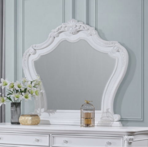 Latisha White Mirror with Wood Frame by HouseOfZazla, ornate carved top, curvy frame on Tampa Home & Garden Store
