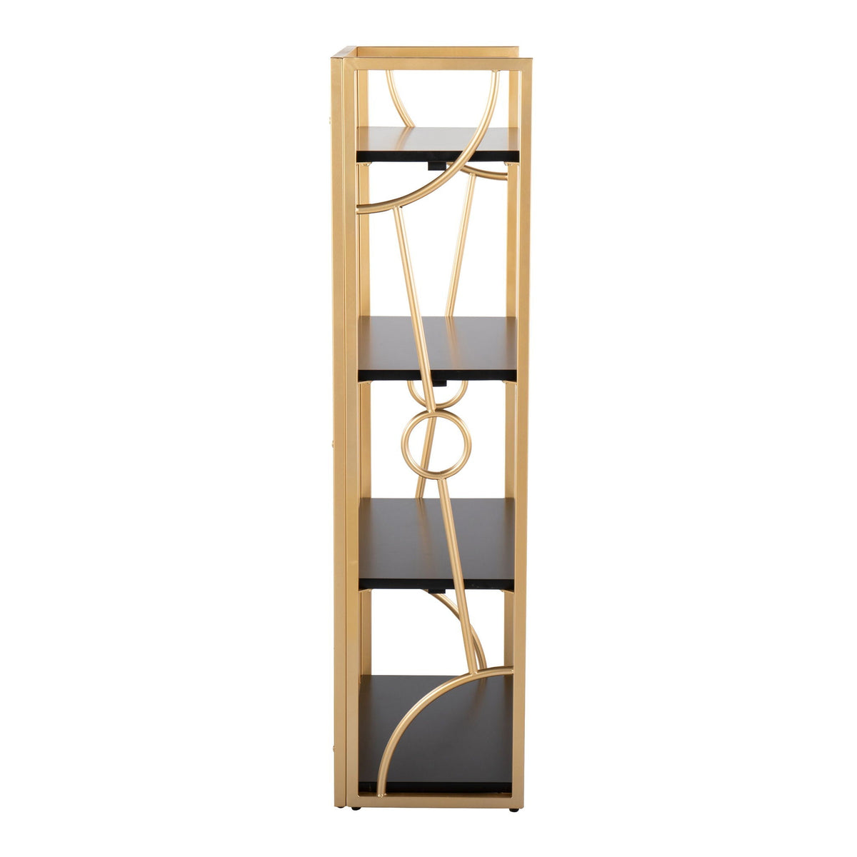 Contemporary etagere bookcase with four black wood shelves in a gold metal frame by HouseOfZazla on Tampa Home & Garden Store