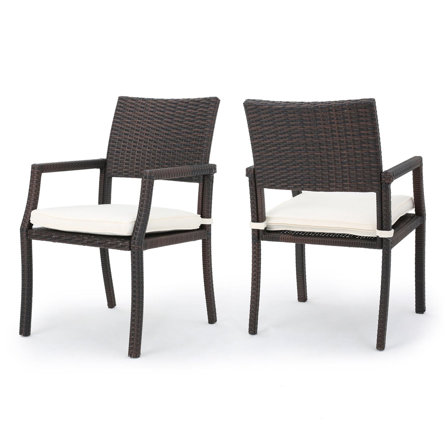 Outdoor wicker dining chairs set of 2 brown wicker with white cushions HouseOfZazla on Tampa Home & Garden Store