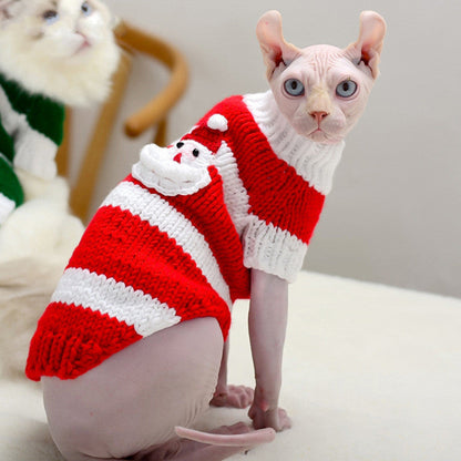 Hairless cat warm sweater by Pet Zen in red and white knit with Santa motif on Tampa Home & Garden Store