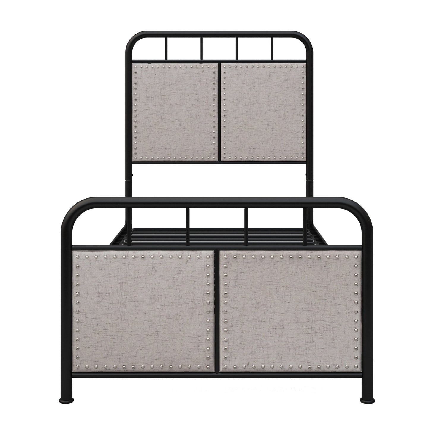 Twin size linen upholstered platform bed frame with black metal rails and studded headboard on Tampa Home & Garden Store