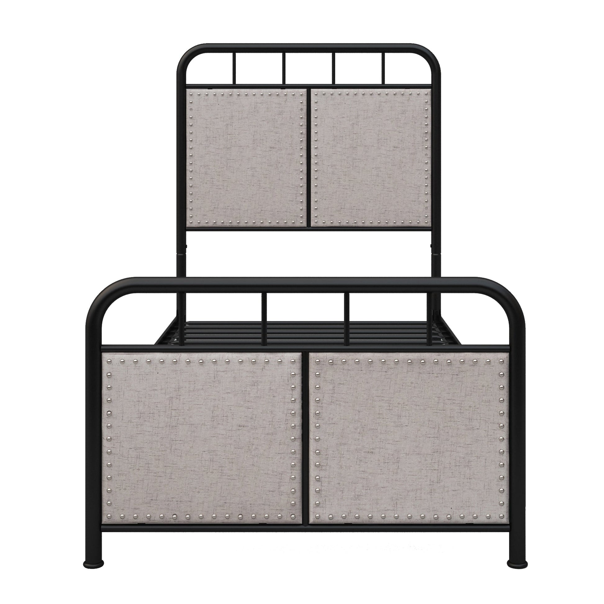Twin size linen upholstered platform bed frame with black metal rails and studded headboard on Tampa Home & Garden Store
