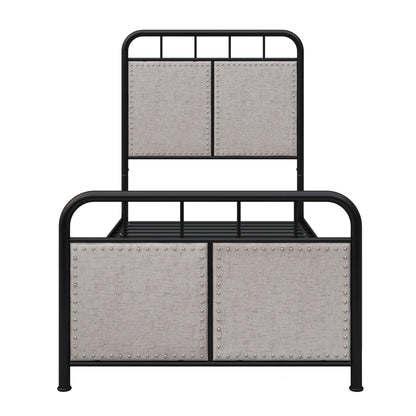 Twin size linen upholstered platform bed frame with black metal rails and studded headboard on Tampa Home & Garden Store