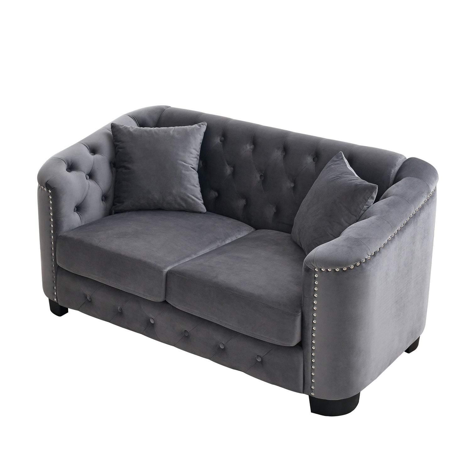 Dark gray Chesterfield sofa with tufted back and nailhead trim, stationary living room sofa on Tampa Home & Garden Store