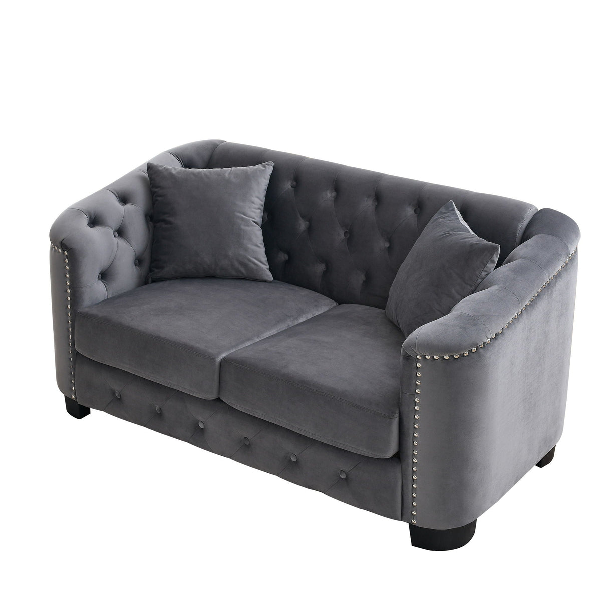 Dark gray Chesterfield sofa with tufted back and nailhead trim, stationary living room sofa on Tampa Home & Garden Store