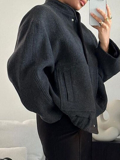 Stevvex drop-shoulder jacket in charcoal gray with stand collar and buttoned pockets on Tampa Home & Garden Store