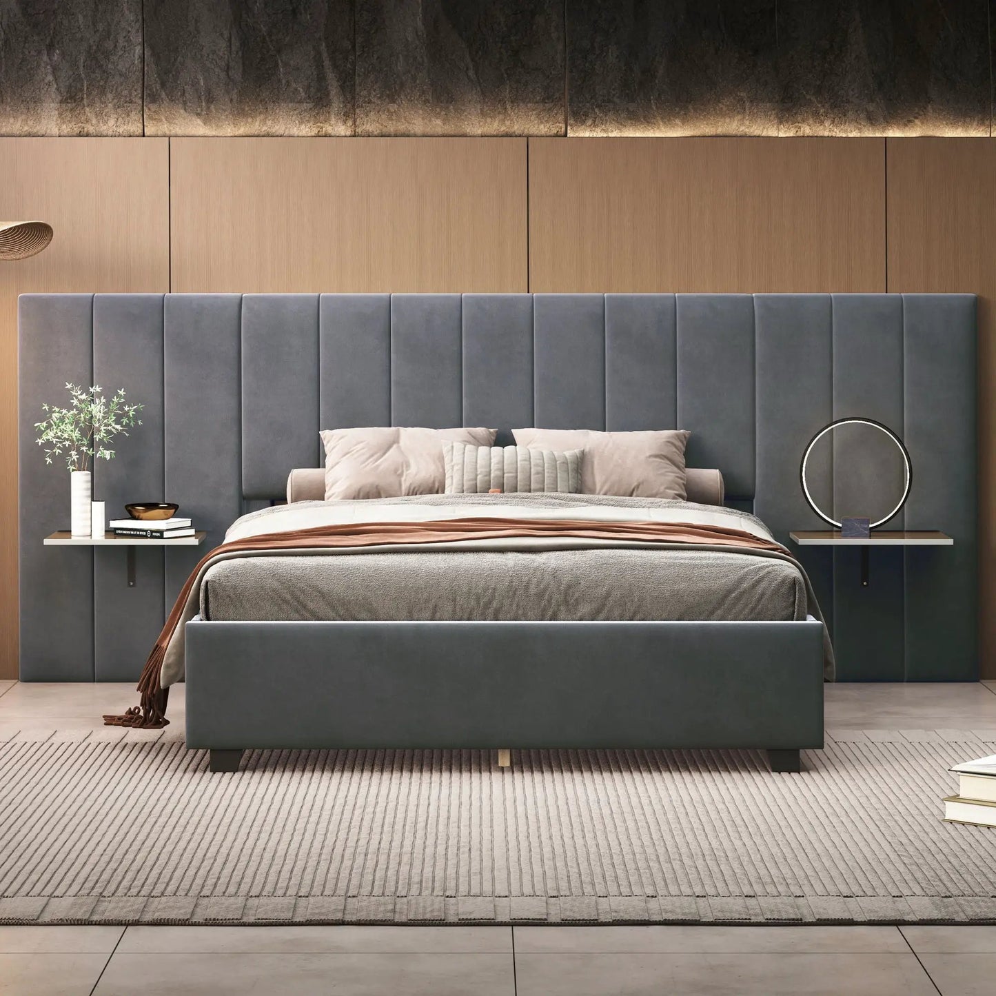 Upholstered platform bed with big blue-gray velvet headboard by Unique Piece Furniture on Tampa Home & Garden Store