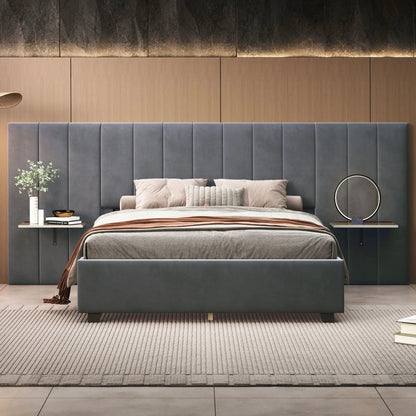 Upholstered platform bed with big blue-gray velvet headboard by Unique Piece Furniture on Tampa Home & Garden Store