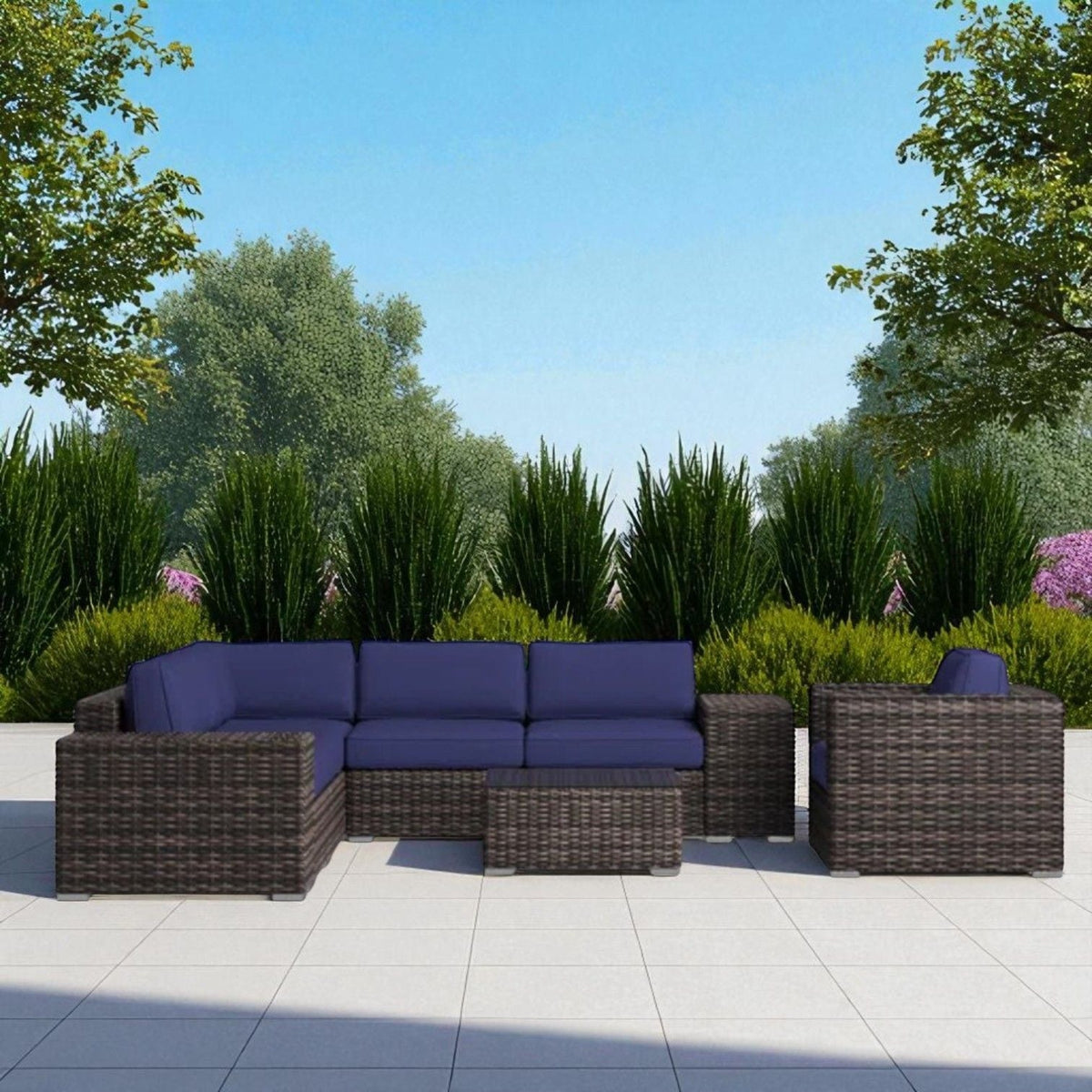 Wicker outdoor seating group with blue cushions and coffee table, 3 piece set HouseOfZazla on Tampa Home & Garden Store
