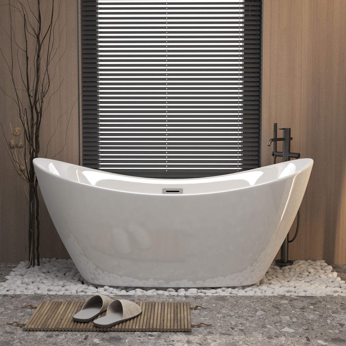 Freestanding Tub with Overflow and Ergonomic Design - White in a bath with a black faucet on Tampa Home & Garden Store