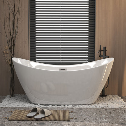Freestanding Tub with Overflow and Ergonomic Design - White in a bath with a black faucet on Tampa Home & Garden Store