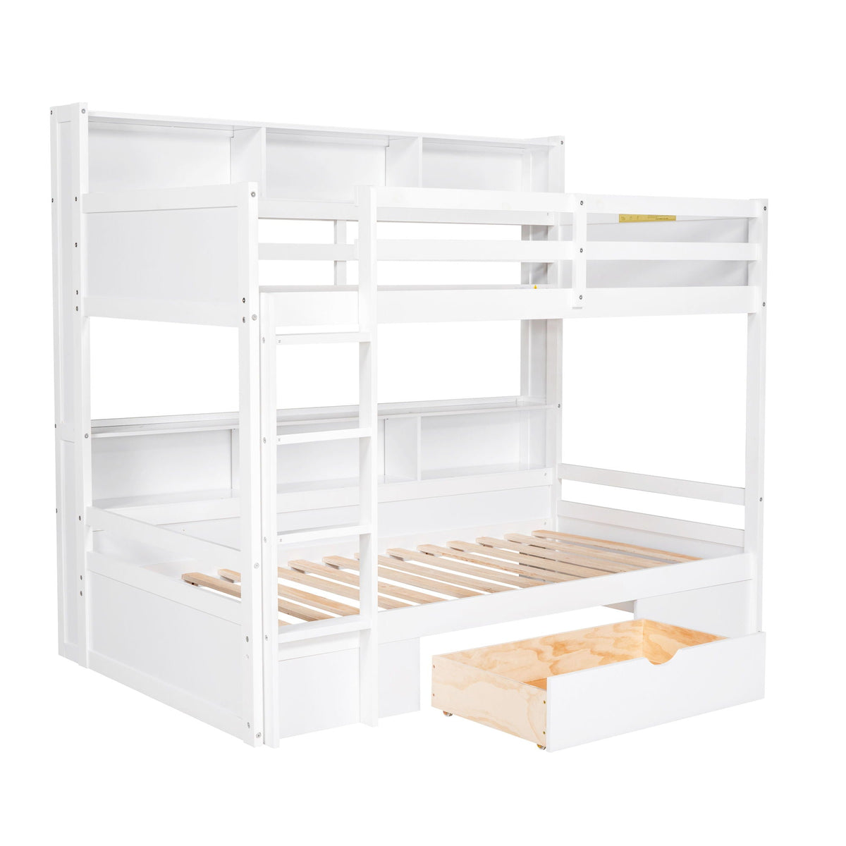 Twin size bunk bed with built-in shelves beside both beds, white finish, drawer on Tampa Home & Garden Store