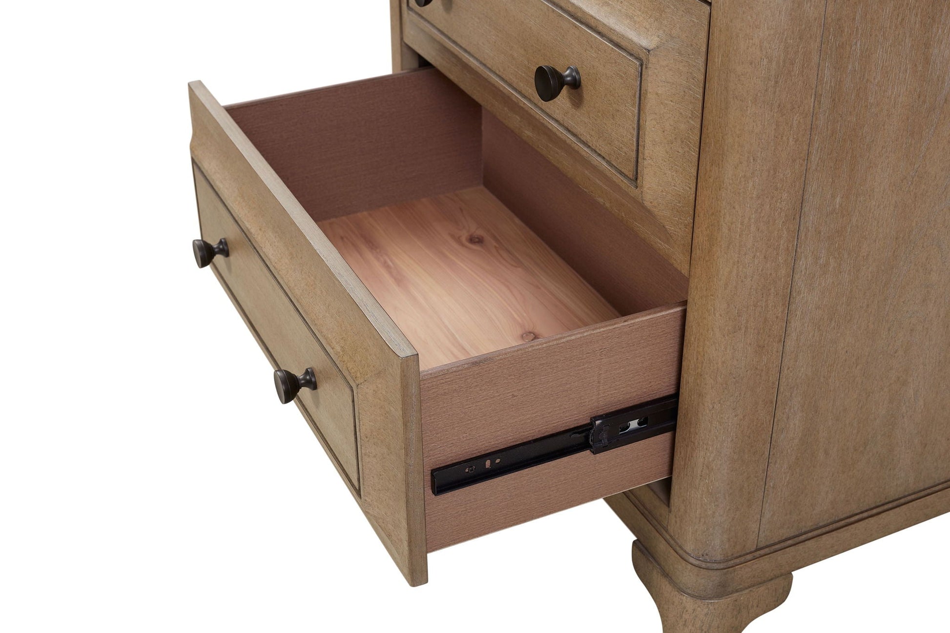 Bedroom dresser from Queen Canopy set in sand finish with black knob hardware on Tampa Home & Garden Store