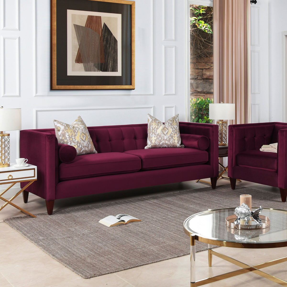 Jack 84in Modern Tuxedo Tufted Sofa Burgundy Velvet on Tampa Home & Garden Store