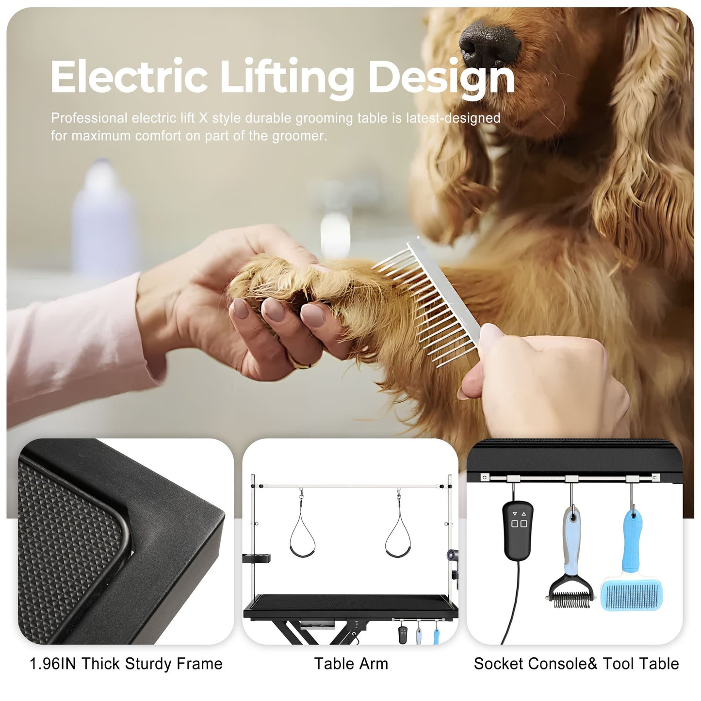 Electric Pet Grooming Table height adjustable 1.96in frame, table arm and tool rack on dog on Tampa Home & Garden Store