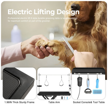 Electric Pet Grooming Table height adjustable 1.96in frame, table arm and tool rack on dog on Tampa Home & Garden Store