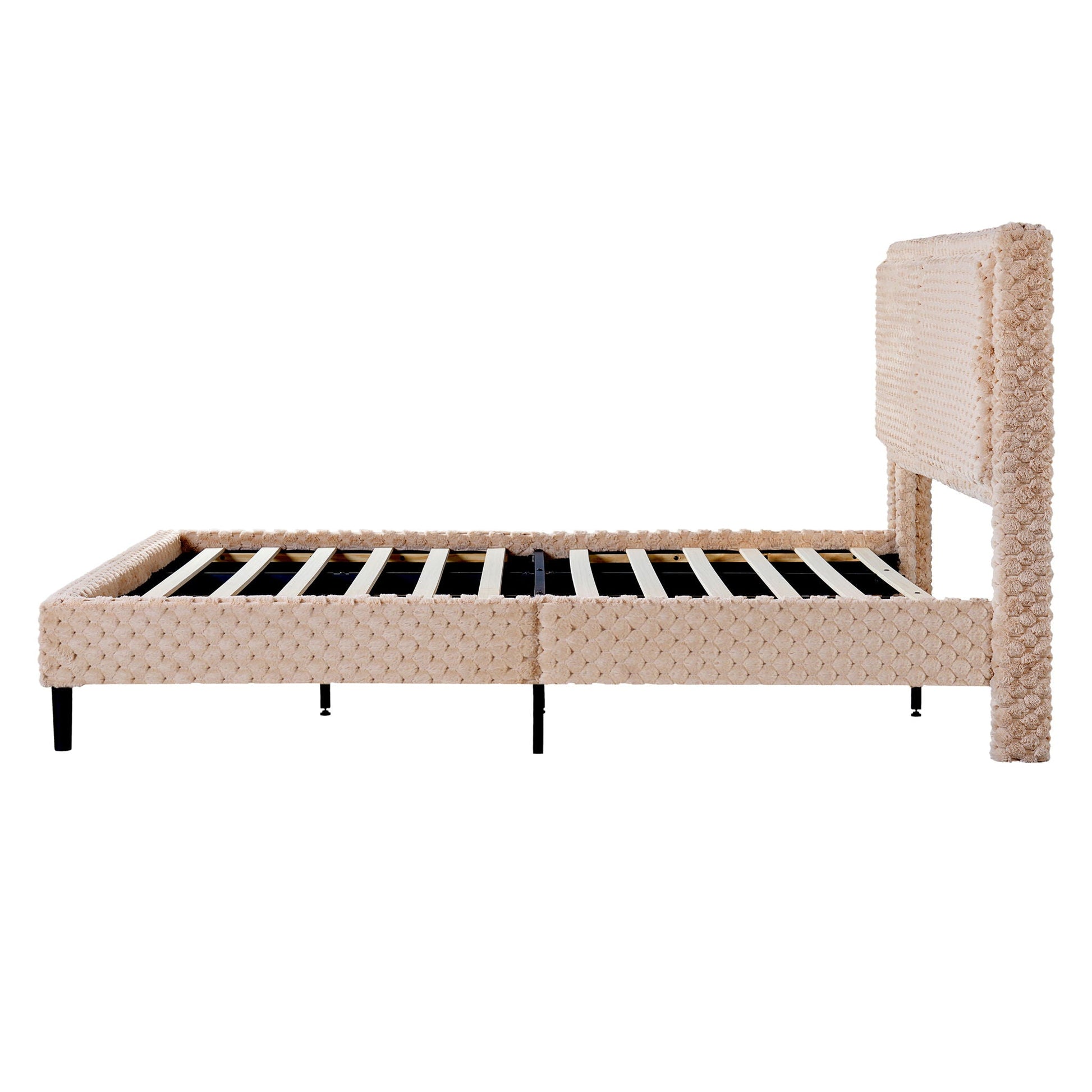 Beige upholstered bed frame with plush textured fabric and slatted base HouseOfZazla on Tampa Home & Garden Store