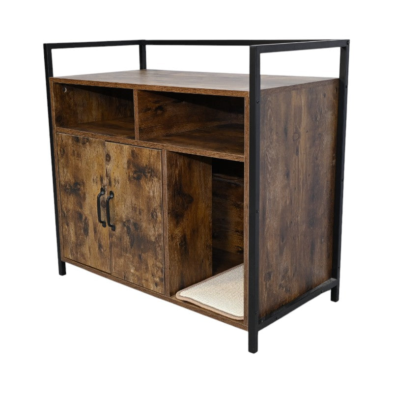 Rustic Cat House by HouseOfZazla, wood-toned pet bed cabinet with black metal frame and shelves on Tampa Home & Garden Store
