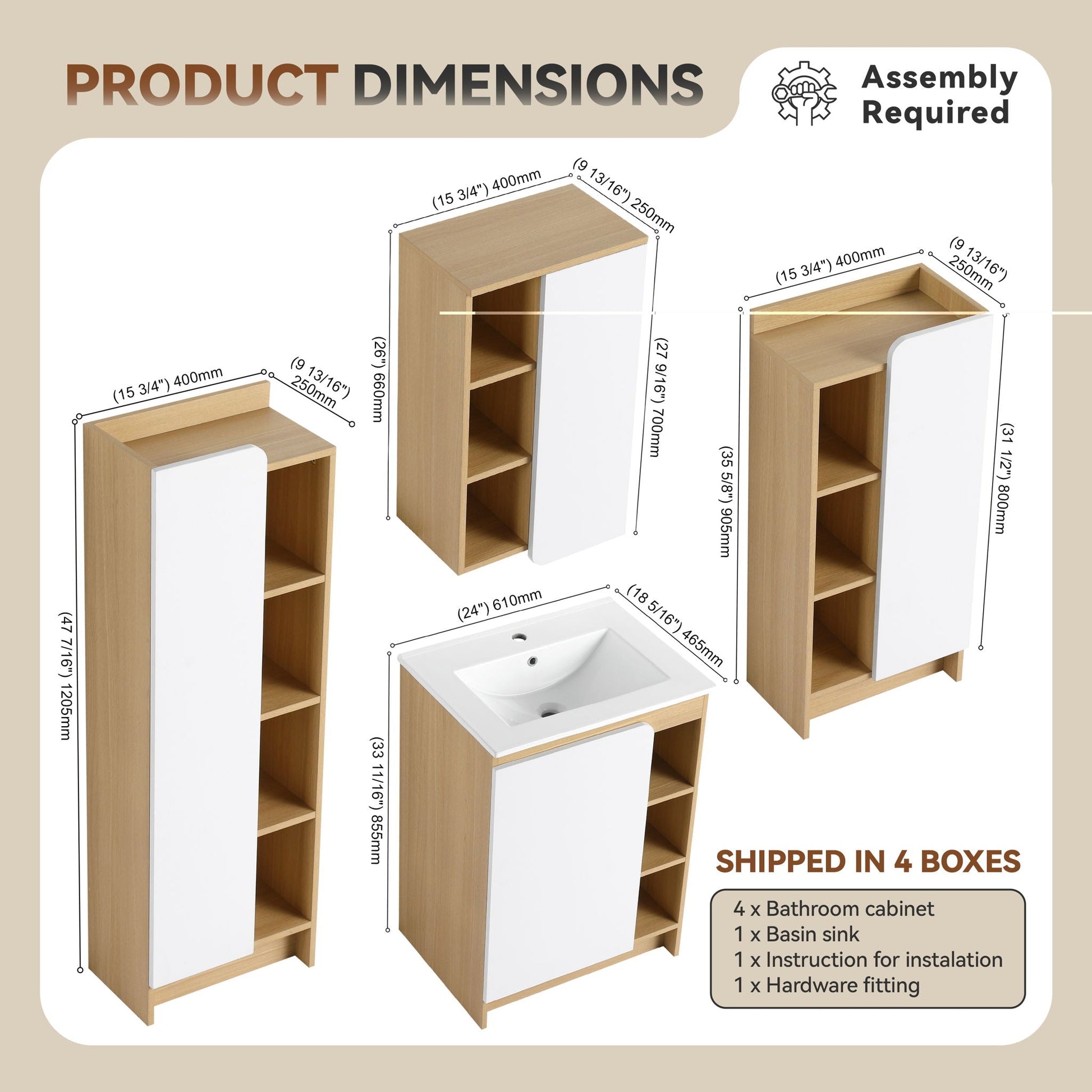 4 Piece Bathroom Vanity Set With Sink, white doors, light oak frame, storage cabinets on Tampa Home & Garden Store
